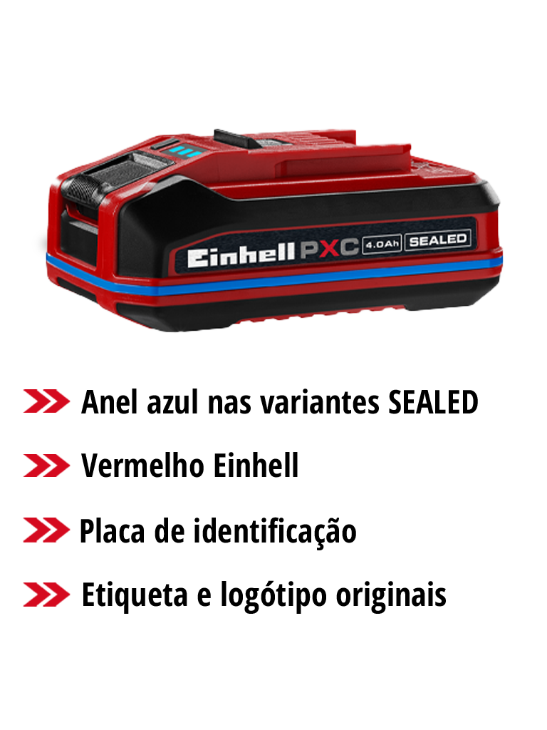 Vista explodida de uma bateria Einhell Power X-Change com descrições