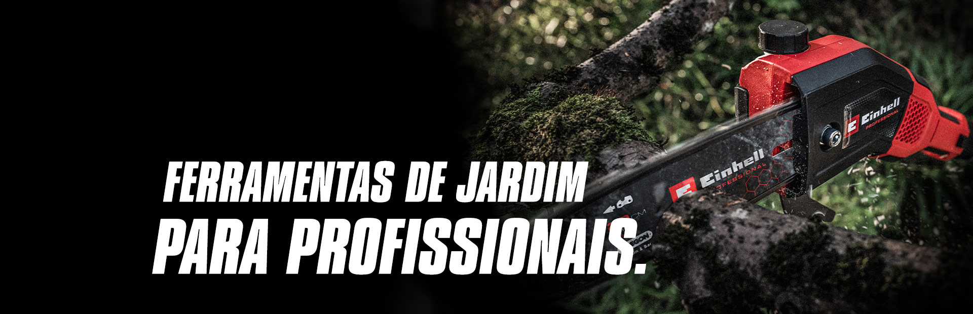 Uma motosserra sem fios vermelha corta um ramo, com o texto "Ferramentas de Jardim para Profissionais".