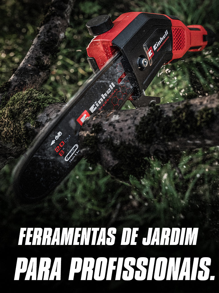 Uma motosserra sem fios vermelha corta um ramo, com o texto "Ferramentas de Jardim para Profissionais".