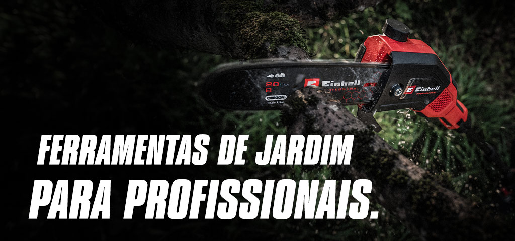 Uma motosserra sem fios vermelha corta um ramo, com o texto "Ferramentas de Jardim para Profissionais".