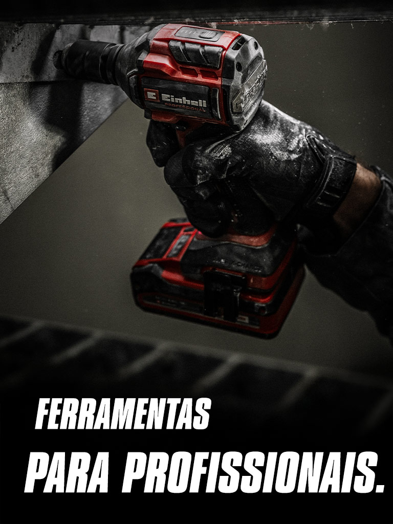 Uma mão segura uma chave de impacto sem fios vermelha a ser usada numa viga metálica, com o texto "Ferramentas Elétricas para Profissionais".