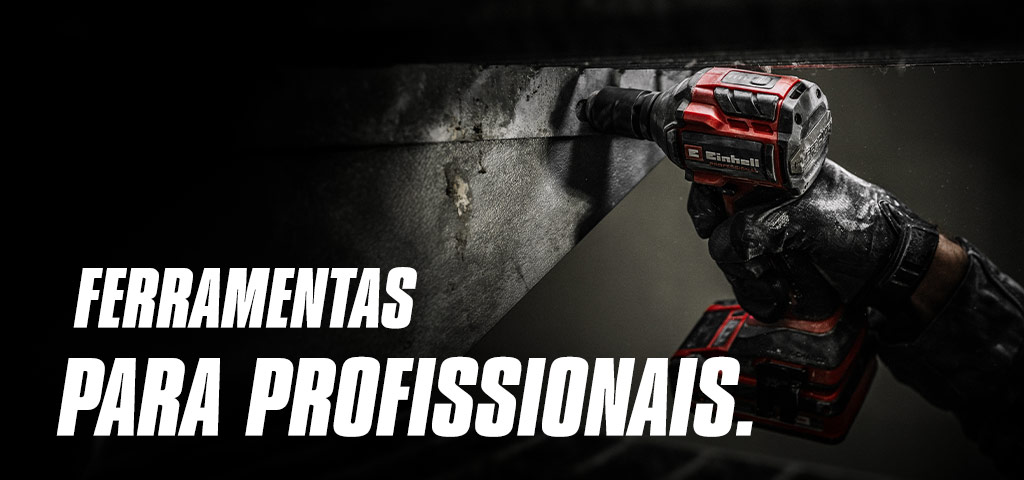 Uma mão segura uma chave de impacto sem fios vermelha a ser usada numa viga metálica, com o texto "Ferramentas Elétricas para Profissionais".