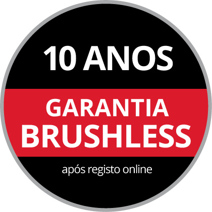 Logótipo redondo de garantia com o texto "10 Anos de Garantia Brushless, mediante Registo Online", num fundo preto e vermelho.