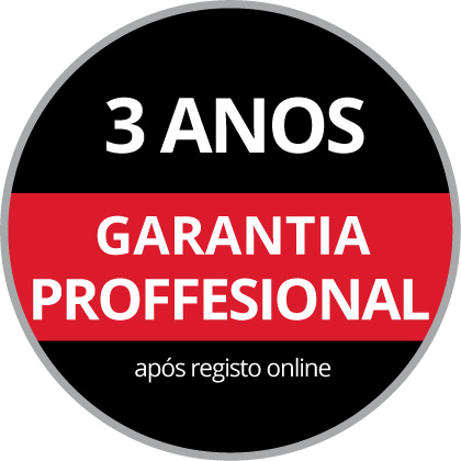 Logótipo redondo de garantia com o texto "3 Anos de Garantia Profissional, mediante Registo Online", num fundo preto e vermelho.