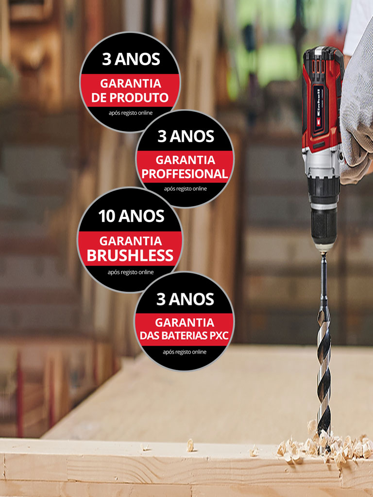 Aqui pode ver-se um homem numa oficina com um berbequim Einhell a ser utilizado. Para além disso, foram colocados na imagem os ícones para os diferentes tipos de extensão de garantia. São possíveis as seguintes extensões de garantia: “Garantia de produto”, “Garantia Professional”, “Garantia Brushless, “Garantia das baterias PXC”.