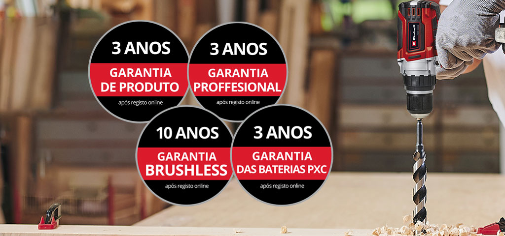 Aqui pode ver-se um homem numa oficina com um berbequim Einhell a ser utilizado. Para além disso, foram colocados na imagem os ícones para os diferentes tipos de extensão de garantia. São possíveis as seguintes extensões de garantia: “Garantia de produto”, “Garantia Professional”, “Garantia Brushless, “Garantia das baterias PXC”.