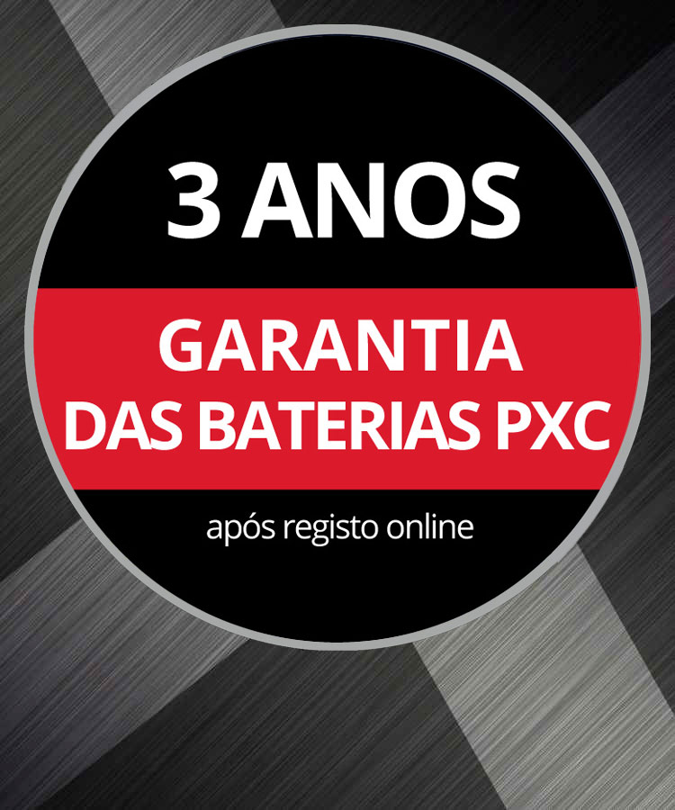 Logótipo de garantia redondo com o texto "3 anos de garantia da bateria, após registo online" sobre um fundo cinzento.