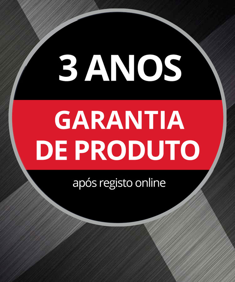 Logótipo de garantia redondo com o texto "3 anos de garantia do produto, após registo online" sobre um fundo cinzento.